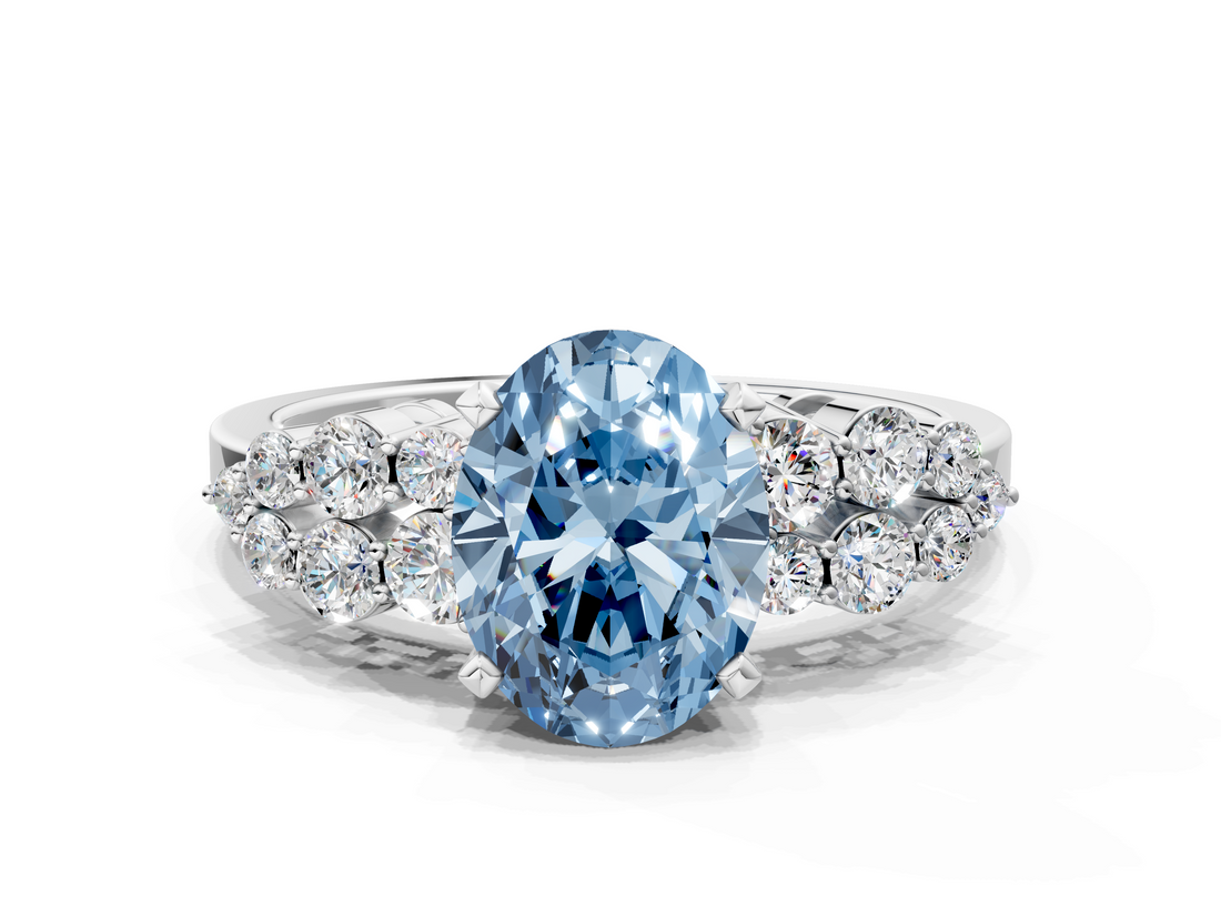 White gold Fancy Blue Oval  Cluster Diamond Engagement Ring with Pavé Band and Four-Prong Setting_62