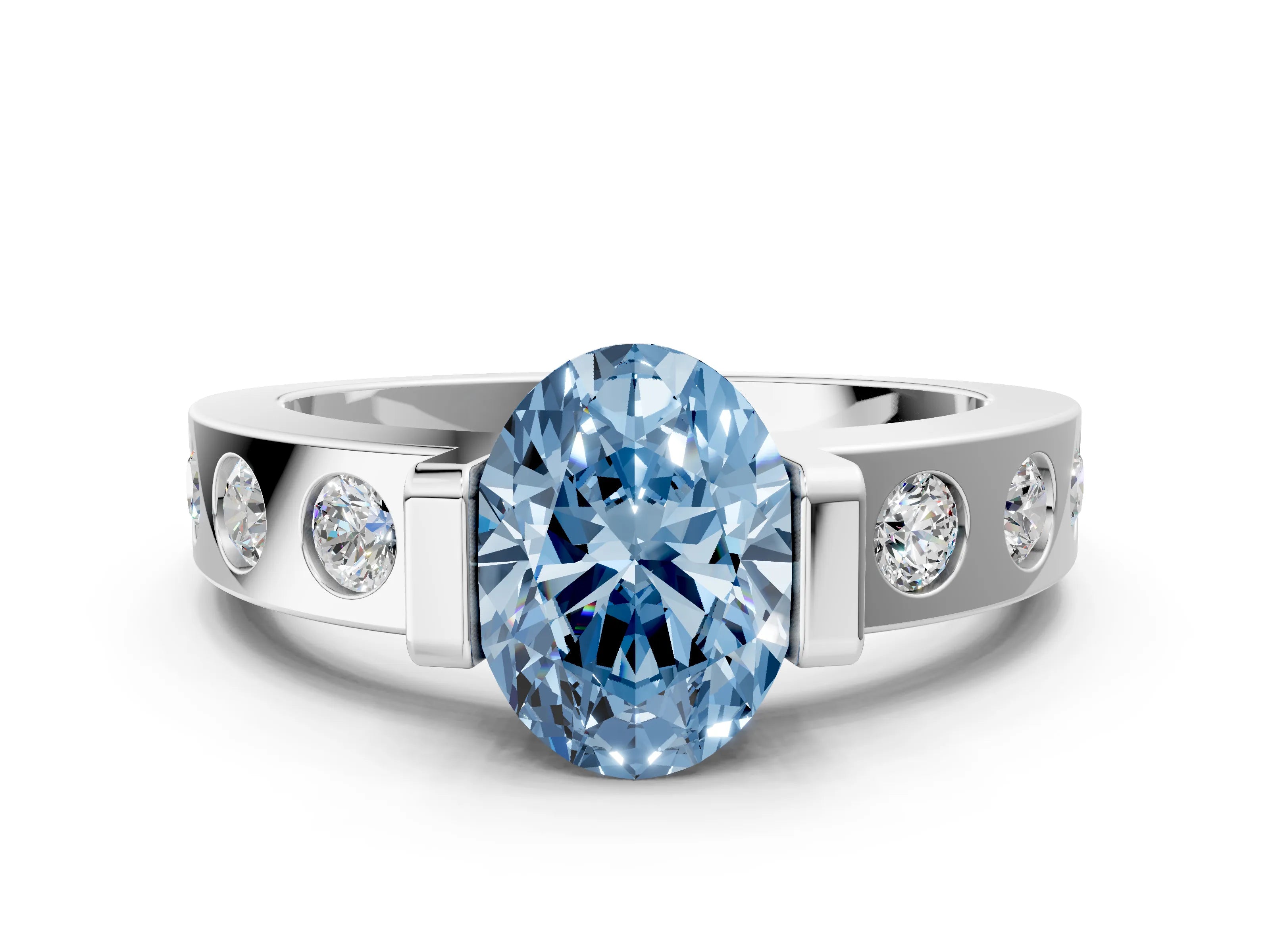 White gold Fancy Blue Oval Cut Brilliant Channel-Set Diamond Ring with Bezel Prong Setting_12