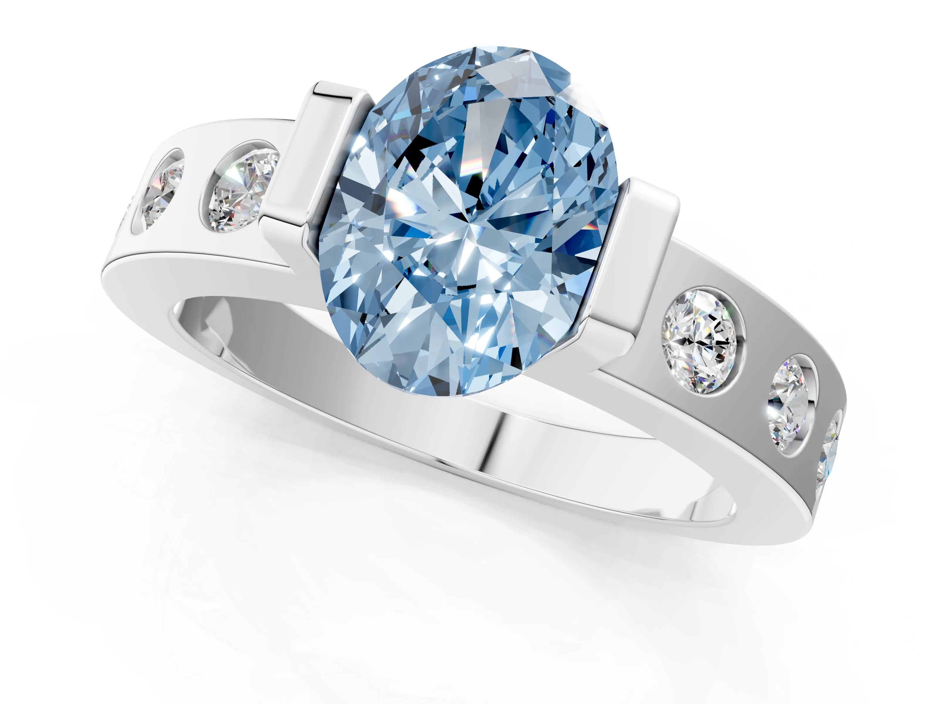 White gold Fancy Blue Oval Cut Brilliant Channel-Set Diamond Ring with Bezel Prong Setting_13