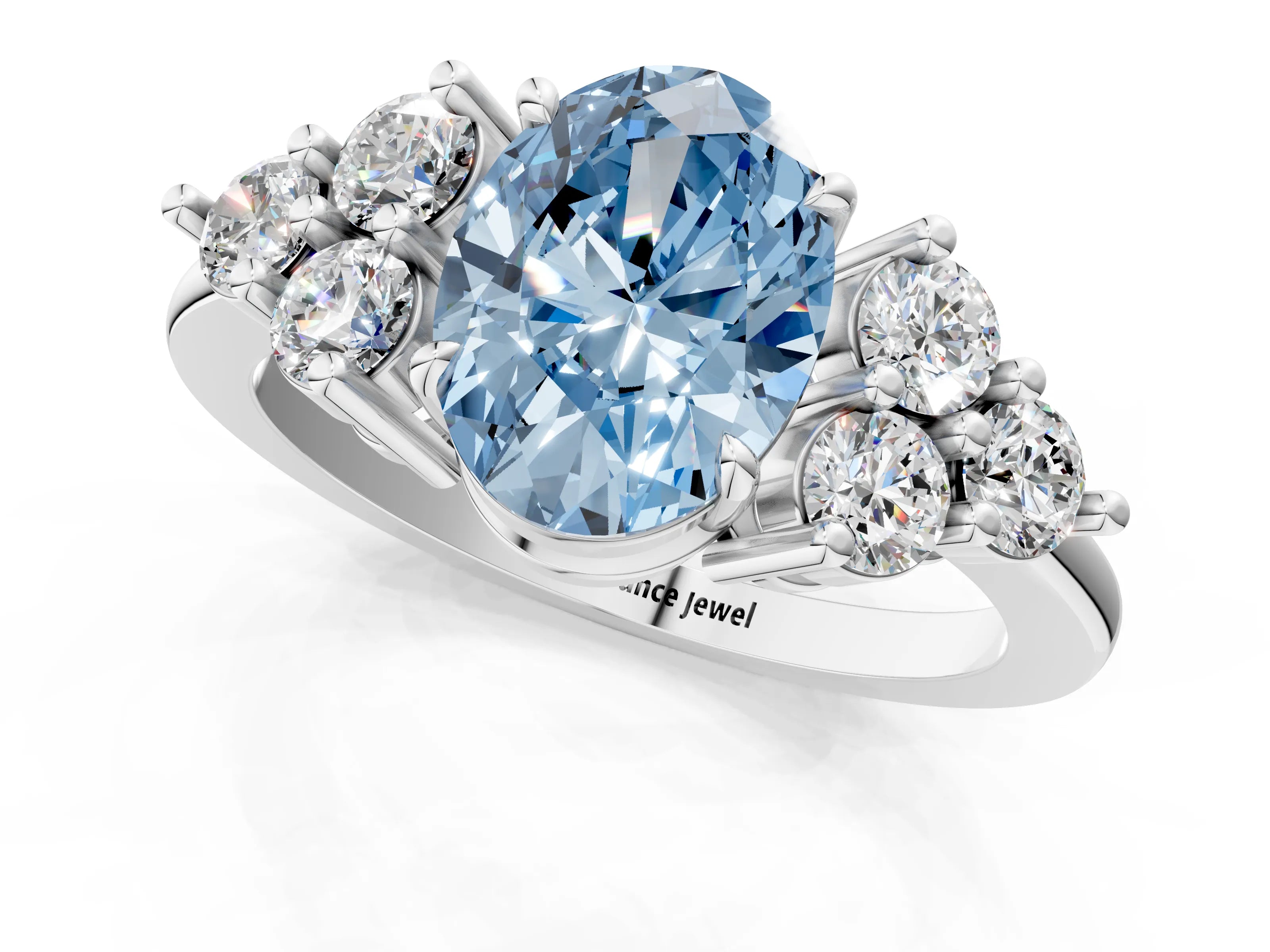 White gold Fancy Blue Oval Cut Brilliant Diamond Cluster Accent Solitaire Ring with Prong Setting_1
