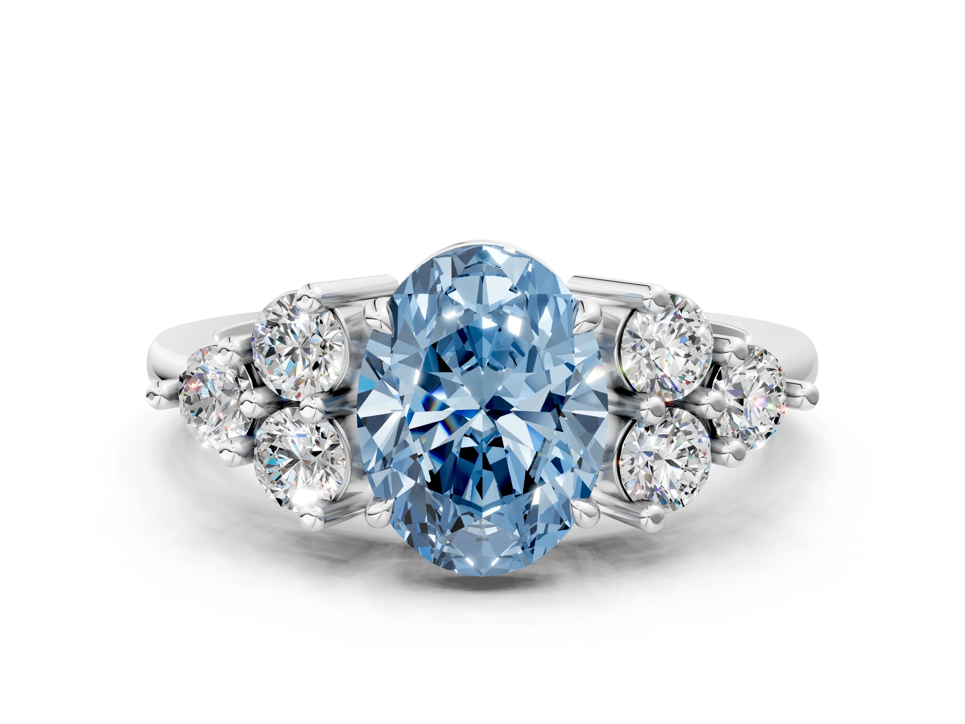White gold Fancy Blue Oval Cut Brilliant Diamond Cluster Accent Solitaire Ring with Prong Setting_24