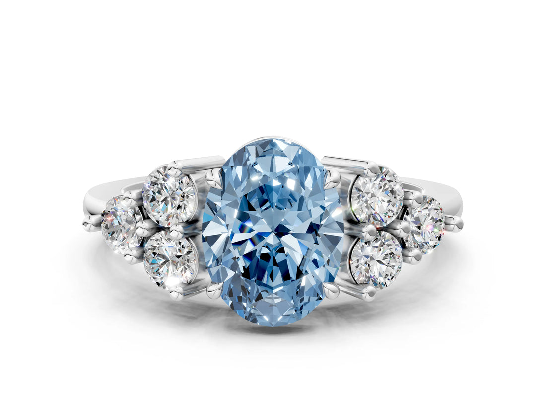 White gold Fancy Blue Oval Cut Brilliant Diamond Cluster Accent Solitaire Ring with Prong Setting_24