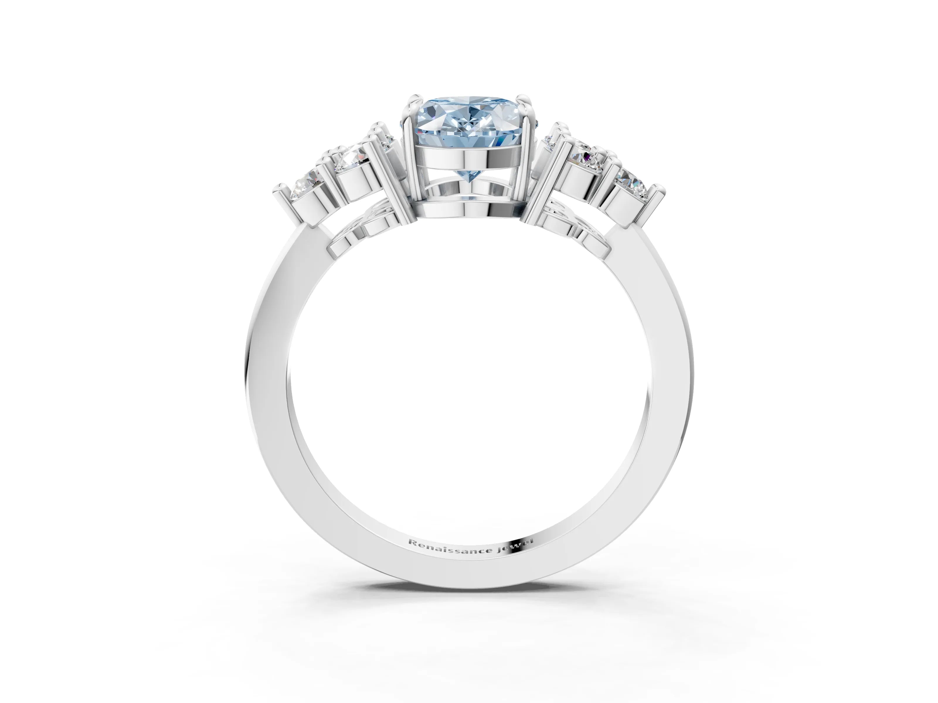 White gold Fancy Blue Oval Cut Brilliant Diamond Cluster Accent Solitaire Ring with Prong Setting_3