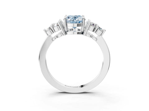 White gold Fancy Blue Oval Cut Brilliant Diamond Cluster Accent Solitaire Ring with Prong Setting_3