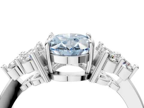 White gold Fancy Blue Oval Cut Brilliant Diamond Cluster Accent Solitaire Ring with Prong Setting_4