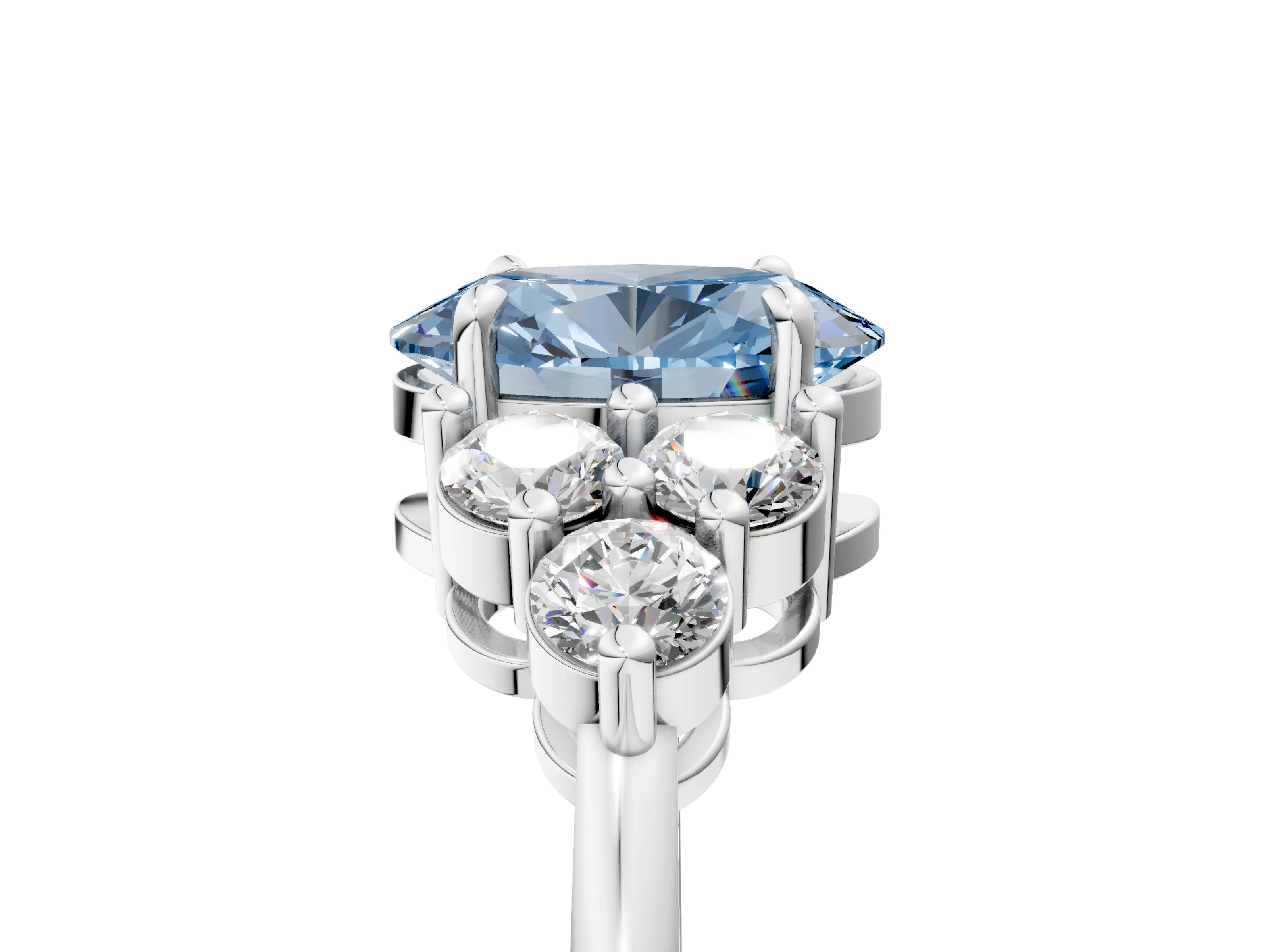 White gold Fancy Blue Oval Cut Brilliant Diamond Cluster Accent Solitaire Ring with Prong Setting_5