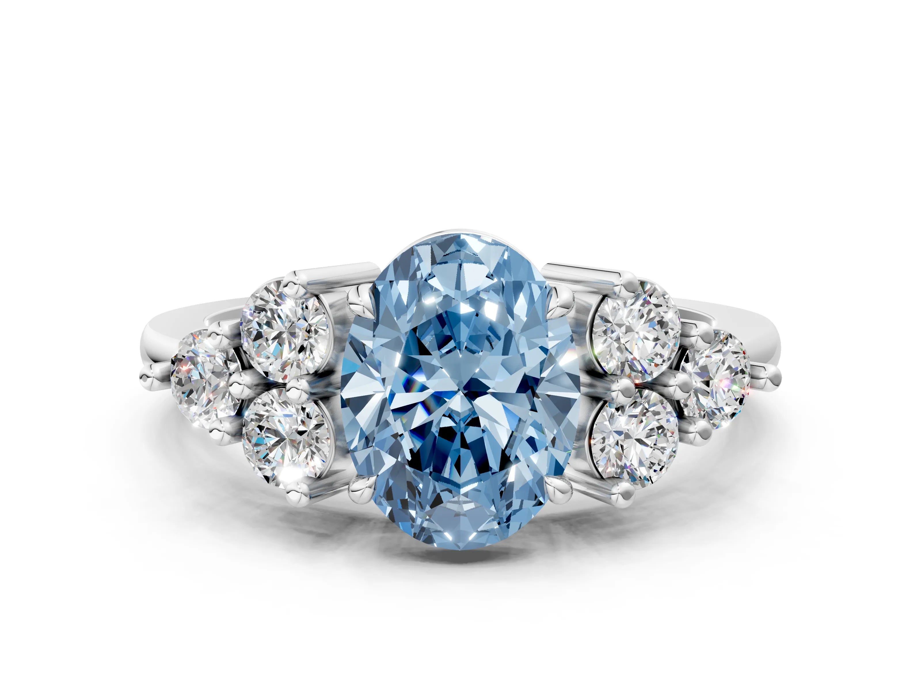 White gold Fancy Blue Oval Cut Brilliant Diamond Cluster Accent Solitaire Ring with Prong Setting