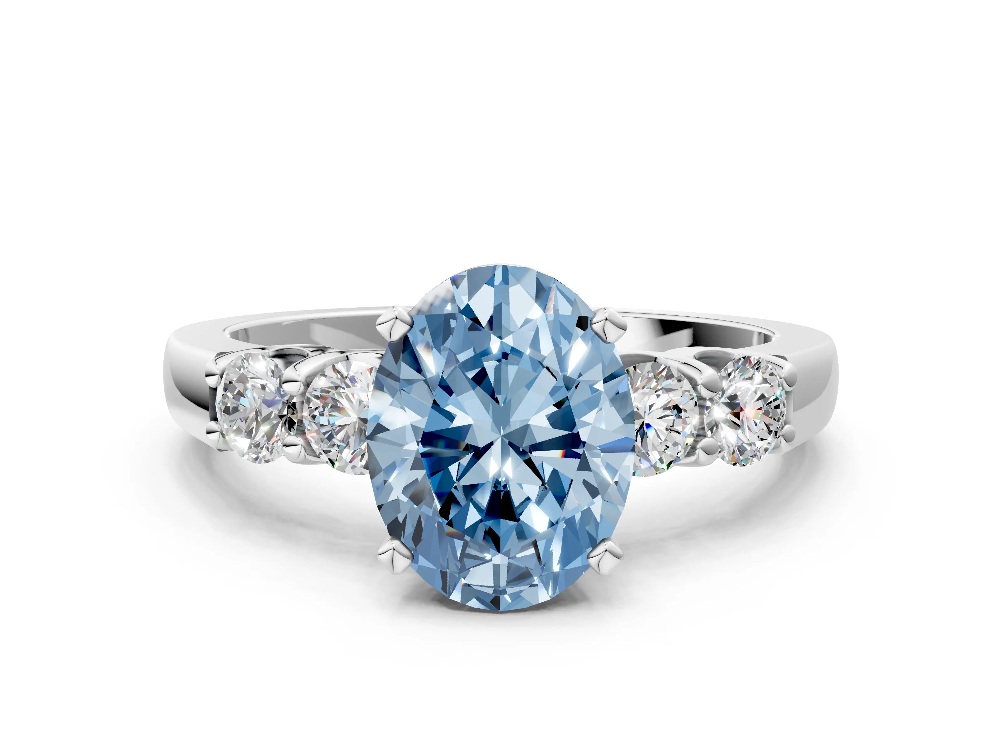 White gold Fancy Blue Oval Cut Brilliant Diamond Five-Stone Engagement Ring with Prong Setting on a Classic Band_3
