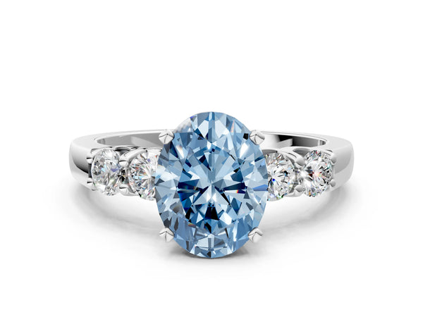 White gold Fancy Blue Oval Cut Brilliant Diamond Five-Stone Engagement Ring with Prong Setting on a Classic Band