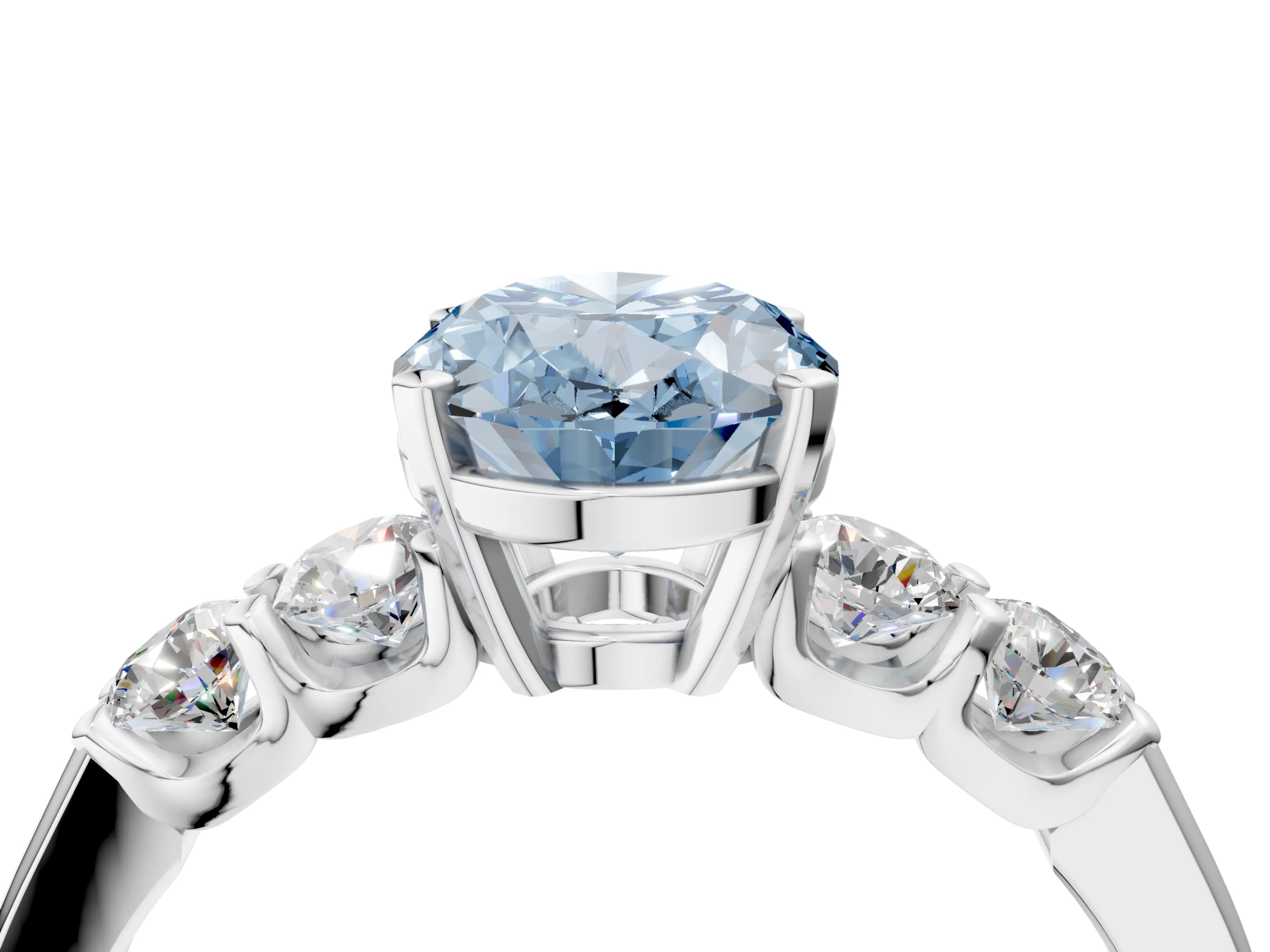 White gold Fancy Blue Oval Cut Brilliant Diamond Five-Stone Engagement Ring with Prong Setting on a Classic Band_7