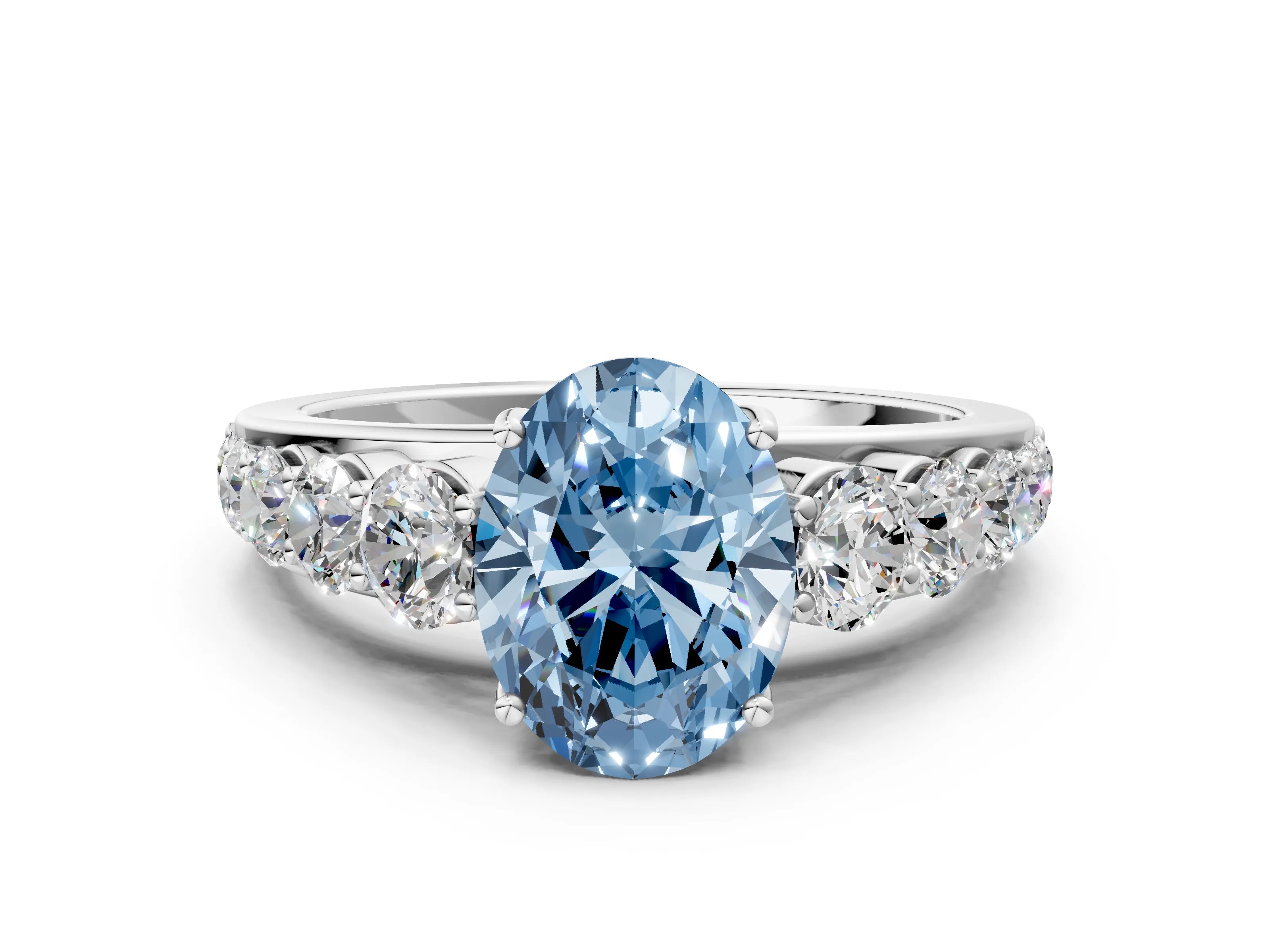 White gold Fancy Blue Oval Cut Brilliant Diamond Pavé Band with Six-Prong Setting