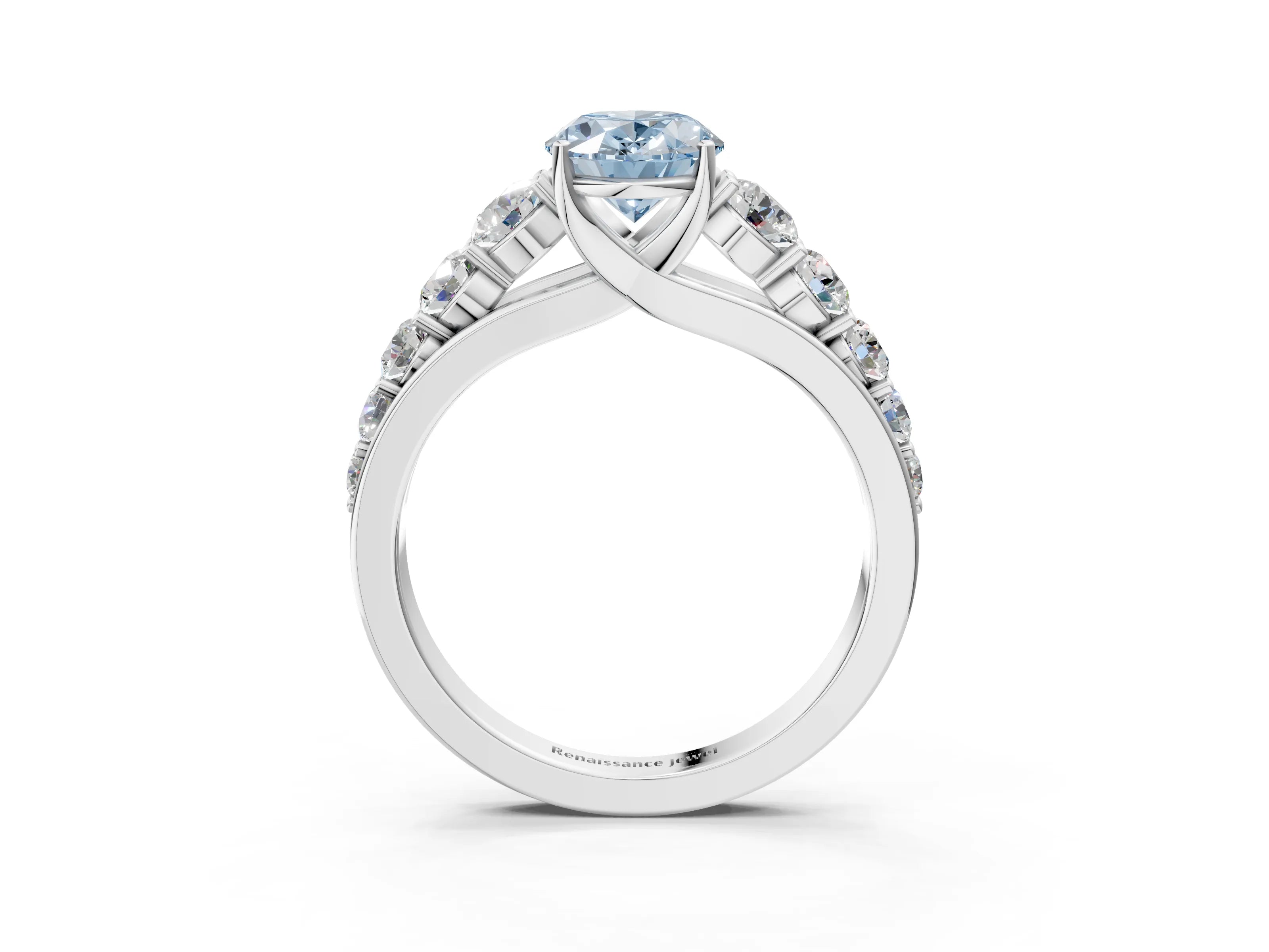 White gold Fancy Blue Oval Cut Brilliant Diamond Pavé Band with Six-Prong Setting_3