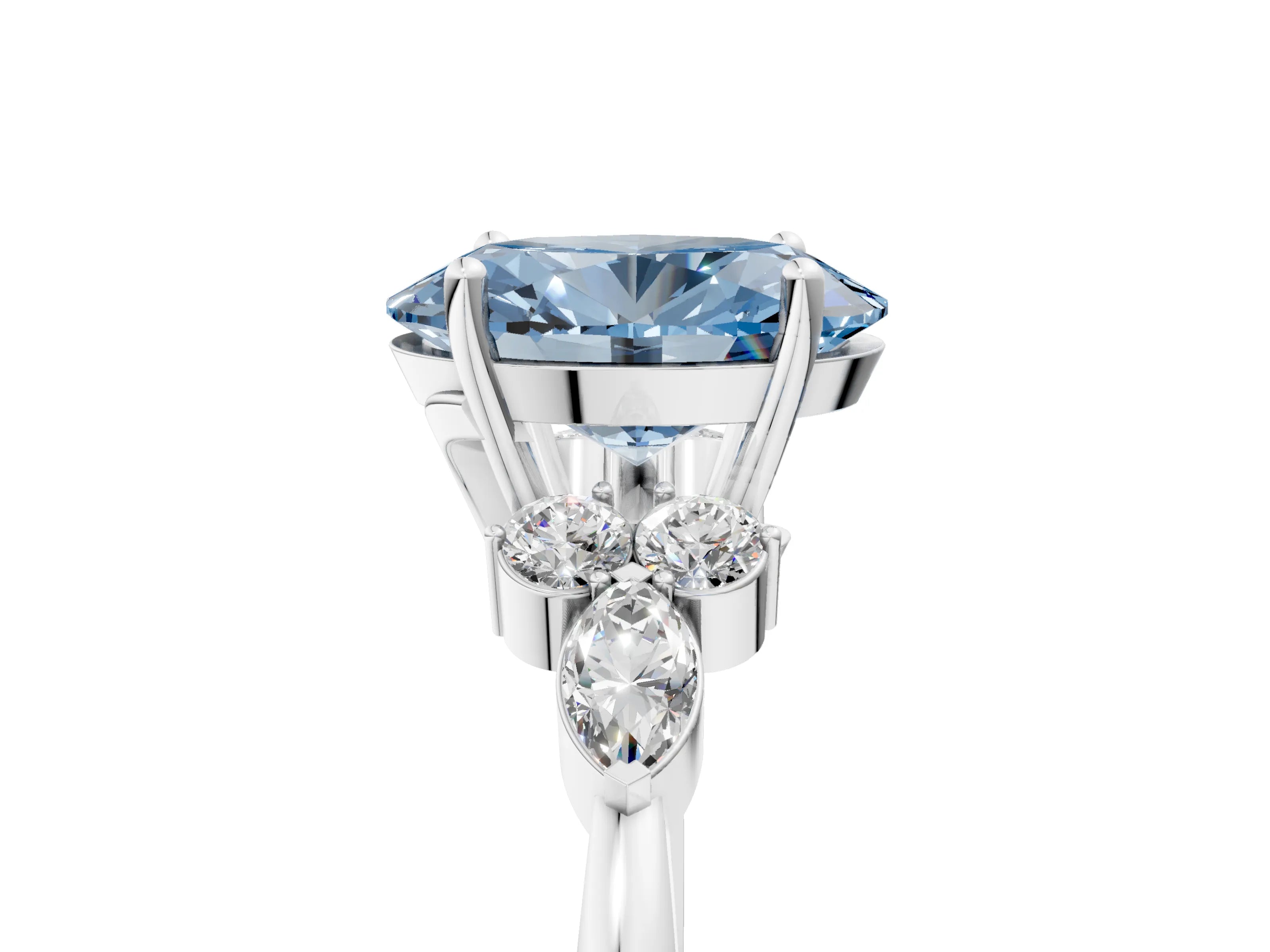 White gold Fancy Blue Oval Cut Brilliant Diamond Solitaire Ring with Pear Side Stones and Four-Prong Setting_11