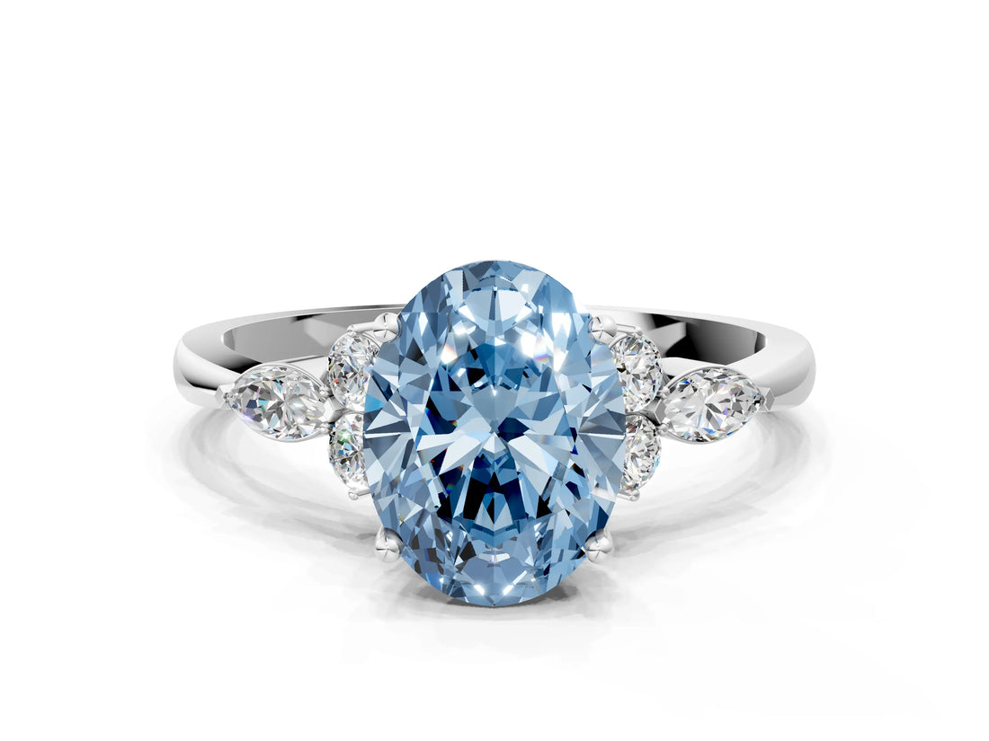 White gold Fancy Blue Oval Cut Brilliant Diamond Solitaire Ring with Pear Side Stones and Four-Prong Setting_6