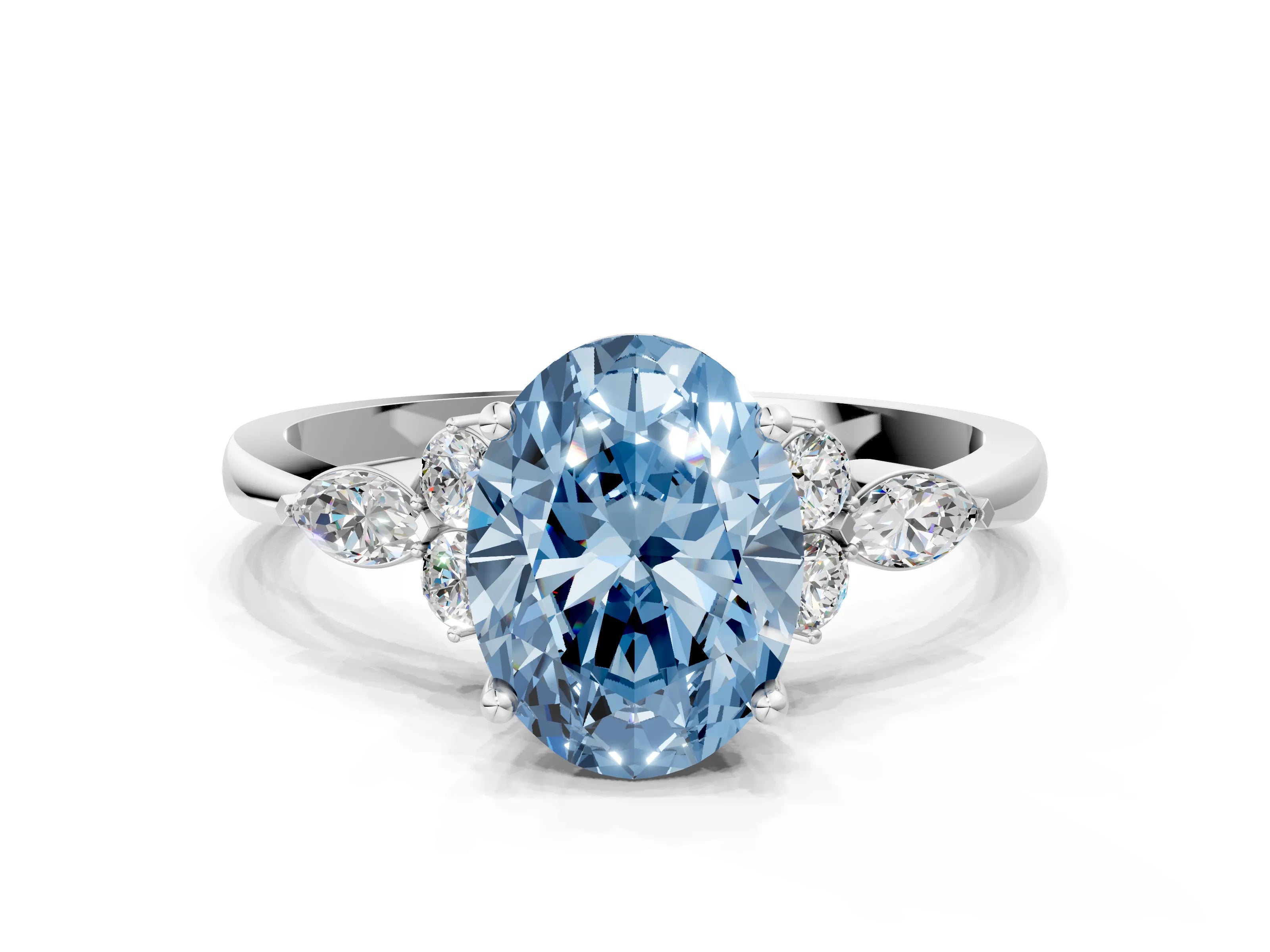 White gold Fancy Blue Oval Cut Brilliant Diamond Solitaire Ring with Pear Side Stones and Four-Prong Setting_6