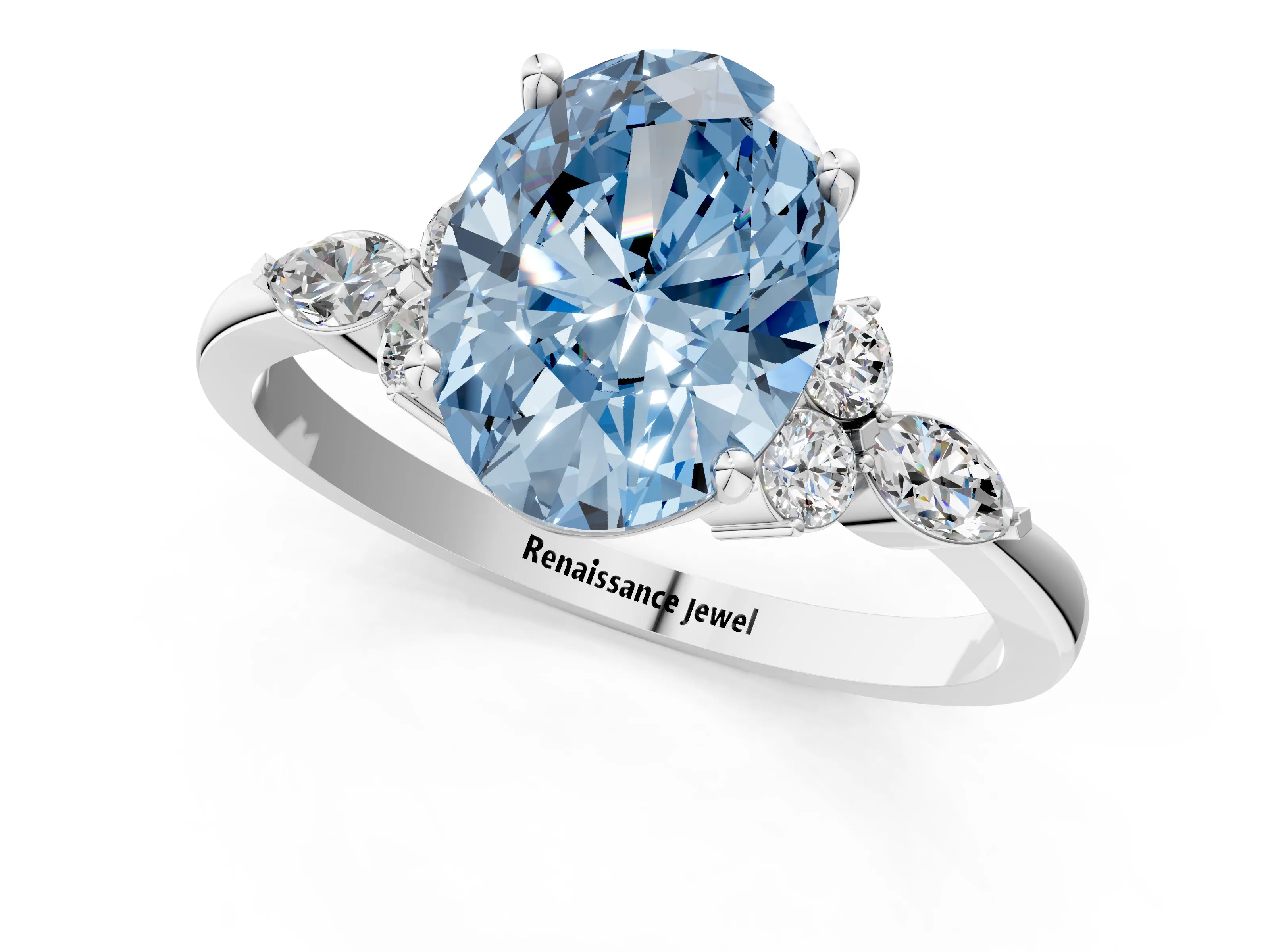 White gold Fancy Blue Oval Cut Brilliant Diamond Solitaire Ring with Pear Side Stones and Four-Prong Setting_7