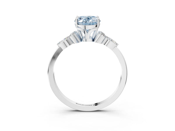 Platinum Fancy Blue Oval Cut Brilliant Diamond Solitaire Ring with Pear Side Stones and Four-Prong Setting