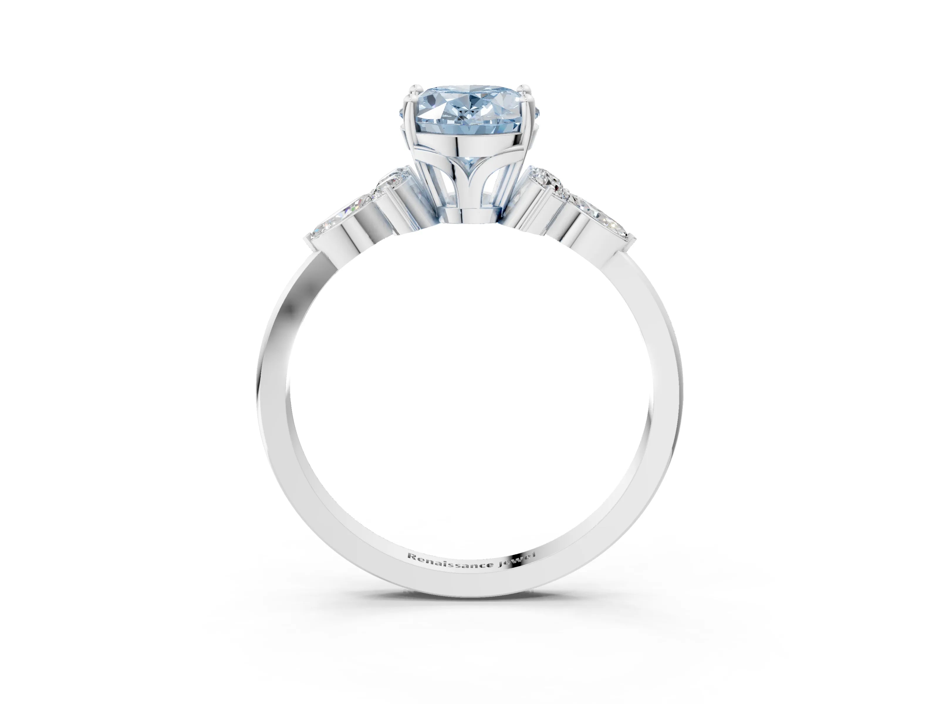 White gold Fancy Blue Oval Cut Brilliant Diamond Solitaire Ring with Pear Side Stones and Four-Prong Setting_9