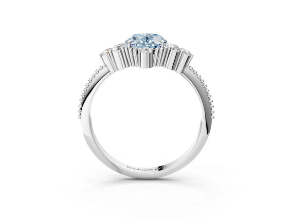 White gold Fancy Blue Oval Cut Brilliant Diamond with Cluster Setting on a Beaded Band and Four-Prong Setting