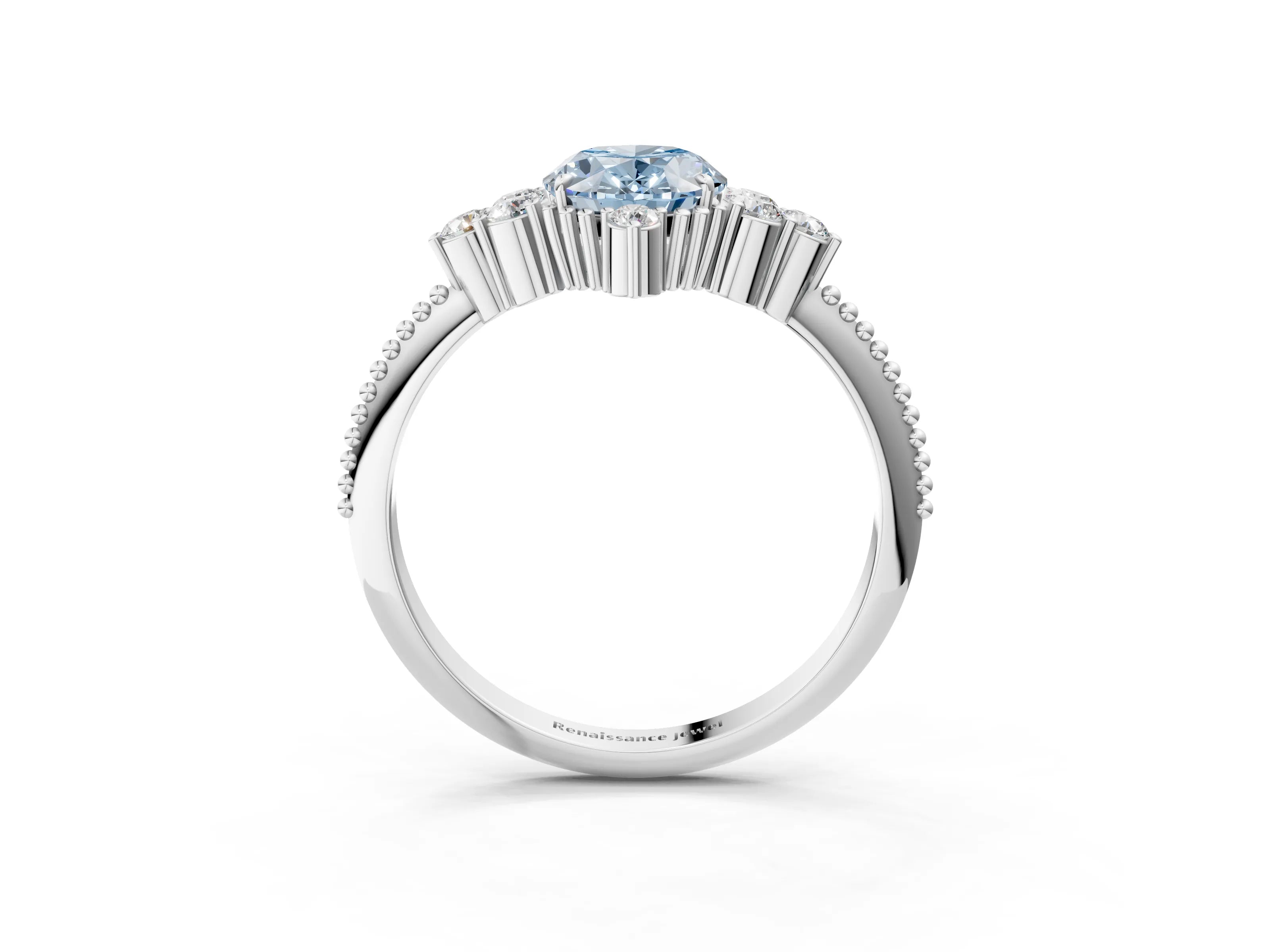 White gold Fancy Blue Oval Cut Brilliant Diamond with Cluster Setting on a Beaded Band and Four-Prong Setting_3
