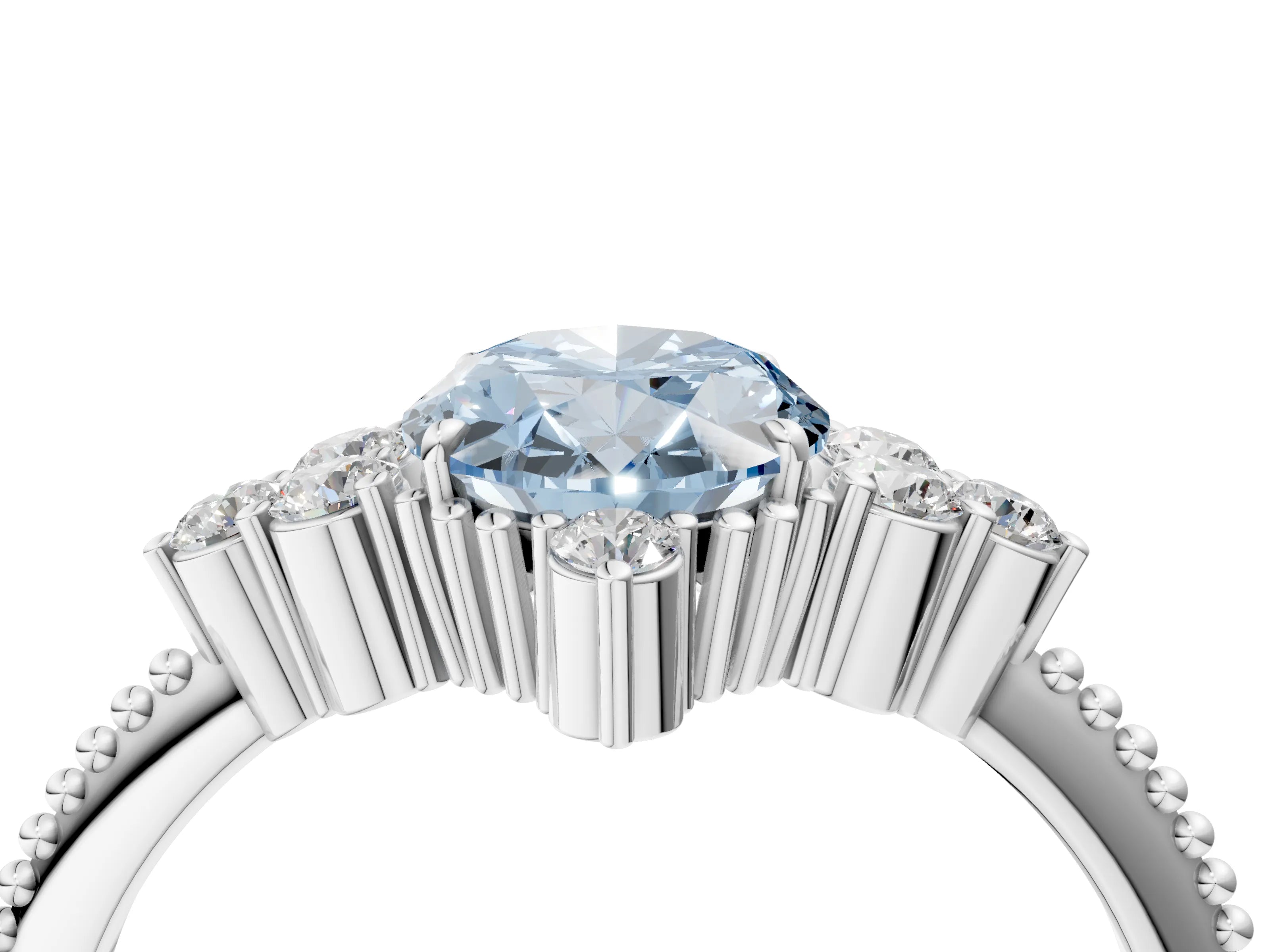 White gold Fancy Blue Oval Cut Brilliant Diamond with Cluster Setting on a Beaded Band and Four-Prong Setting_4