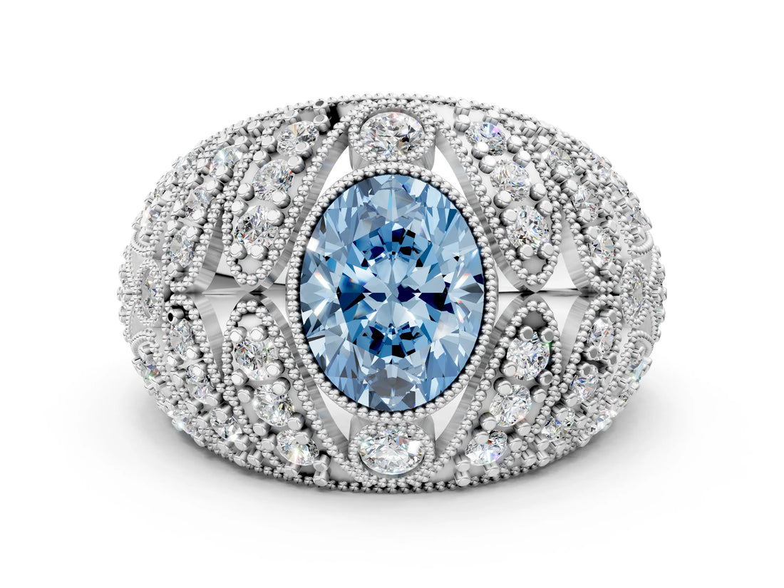 White gold Fancy Blue Oval Cut Brilliant Halo Pave Diamond Milgrain Ring