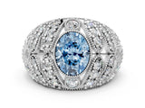 White gold Fancy Blue Oval Cut Brilliant Halo Pave Diamond Milgrain Ring