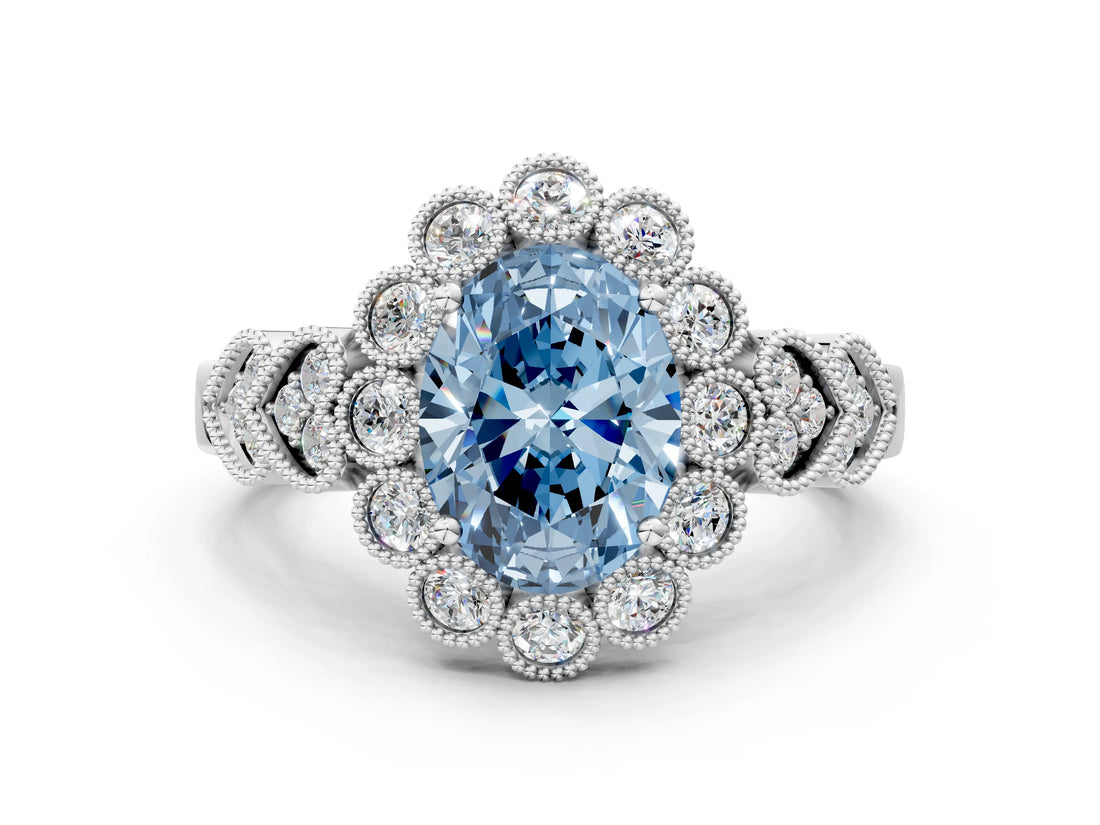 White gold Fancy Blue Oval Cut Brilliant Milgrain Pave Heart Band Solitaire Ring