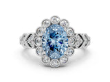 White gold Fancy Blue Oval Cut Brilliant Milgrain Pave Heart Band Solitaire Ring