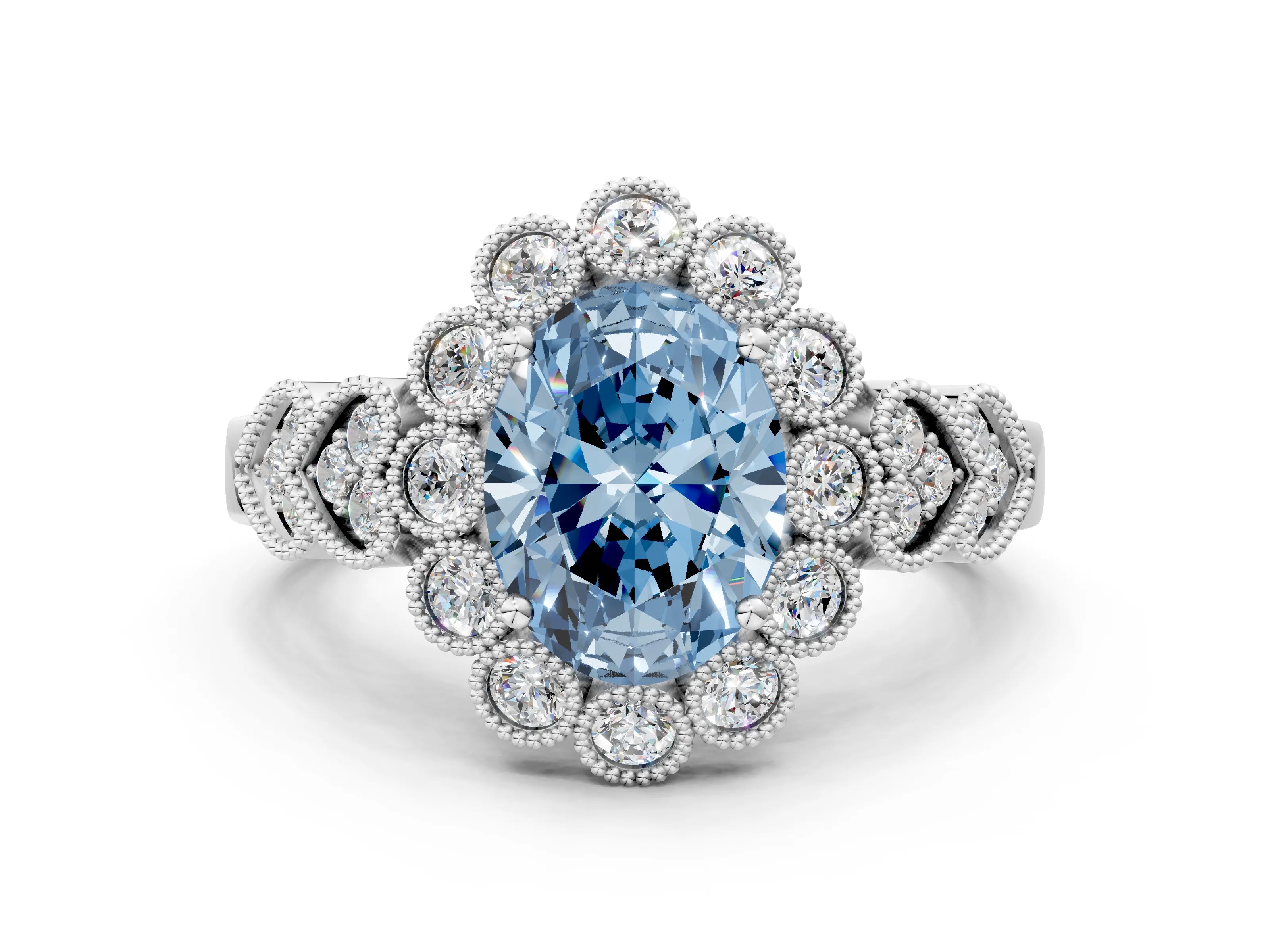 White gold Fancy Blue Oval Cut Brilliant Milgrain Pave Heart Band Solitaire Ring_12