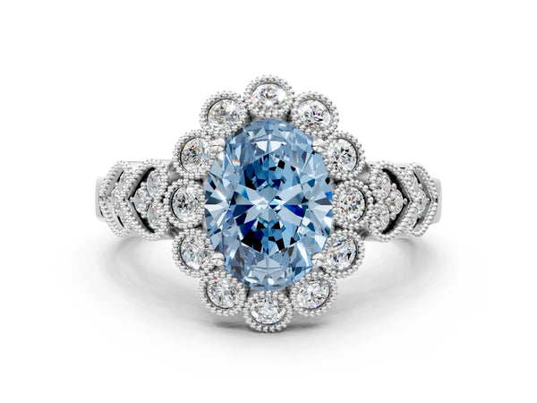 White gold Fancy Blue Oval Cut Brilliant Milgrain Pave Heart Band Solitaire Ring