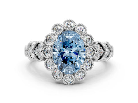 White gold Fancy Blue Oval Cut Brilliant Milgrain Pave Heart Band Solitaire Ring_12