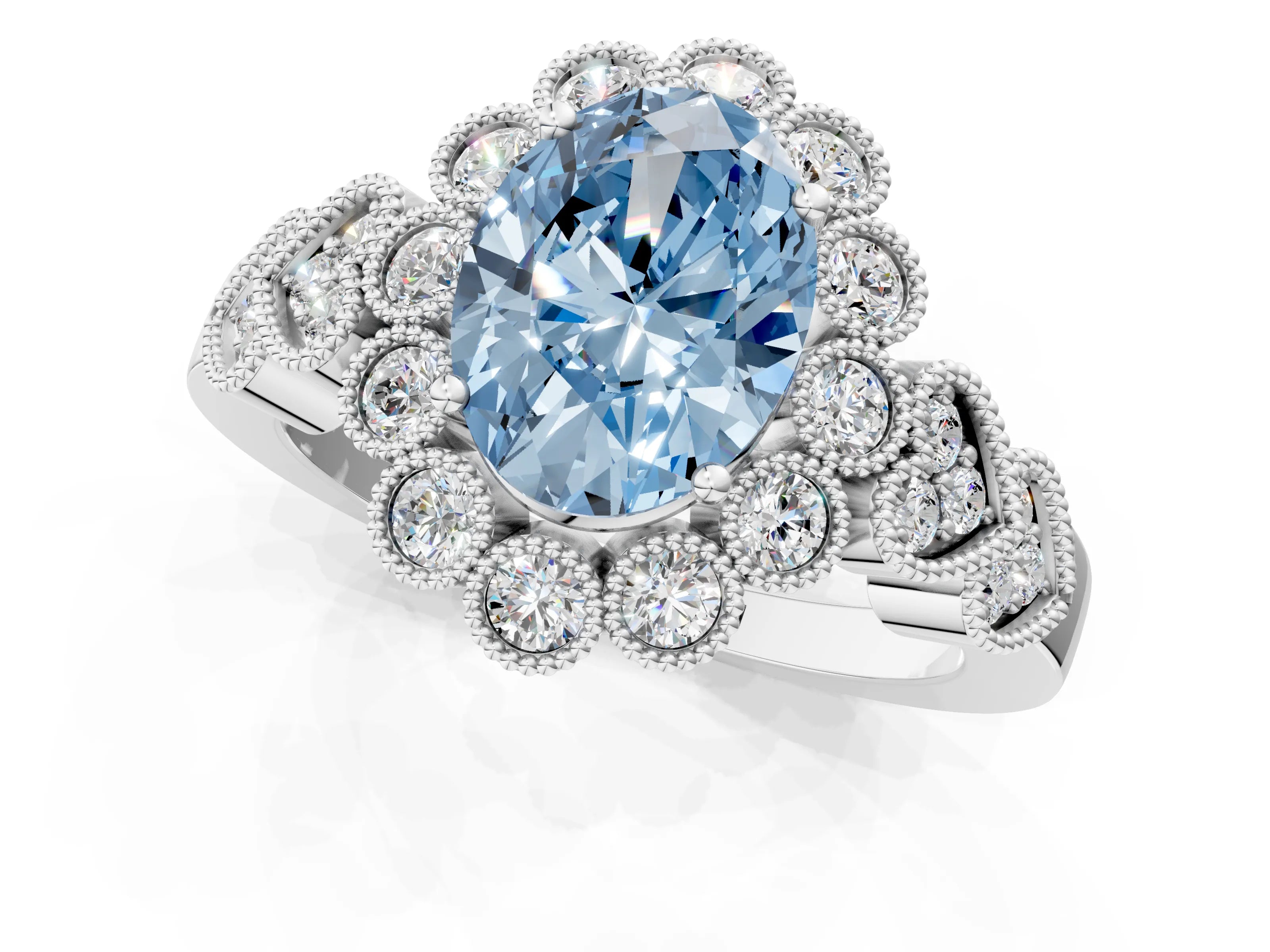 White gold Fancy Blue Oval Cut Brilliant Milgrain Pave Heart Band Solitaire Ring_13