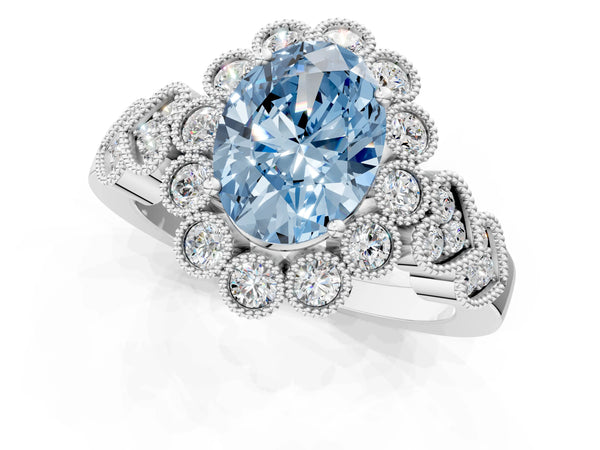 White gold Fancy Blue Oval Cut Brilliant Milgrain Pave Heart Band Solitaire Ring