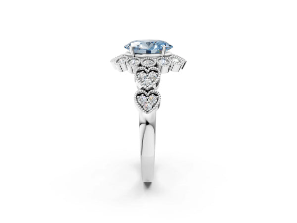 White gold Fancy Blue Oval Cut Brilliant Milgrain Pave Heart Band Solitaire Ring