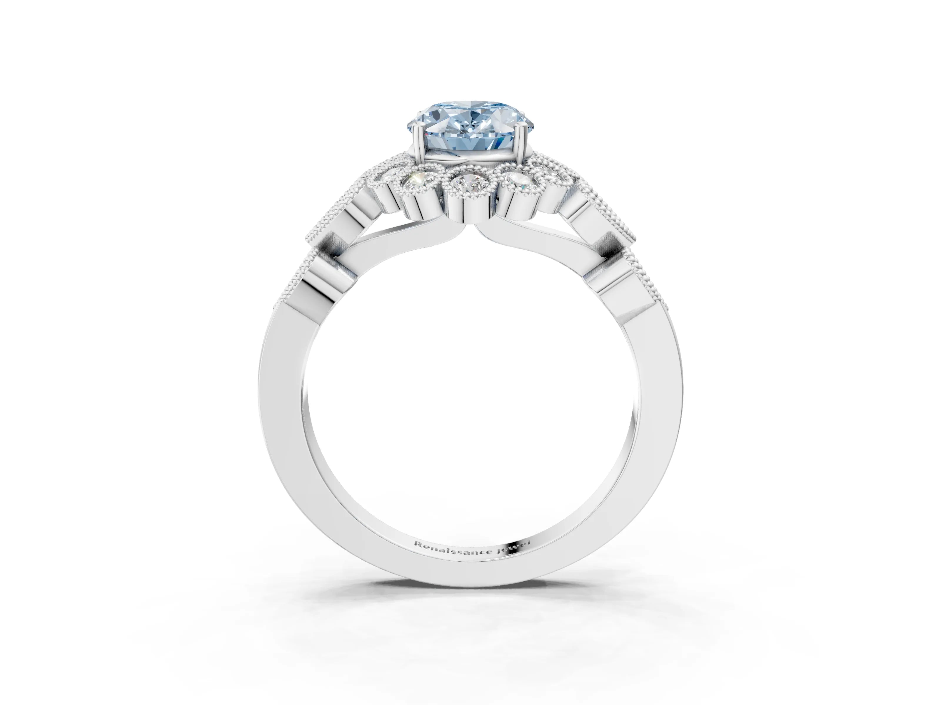 White gold Fancy Blue Oval Cut Brilliant Milgrain Pave Heart Band Solitaire Ring_15