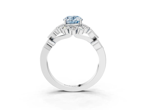 White gold Fancy Blue Oval Cut Brilliant Milgrain Pave Heart Band Solitaire Ring