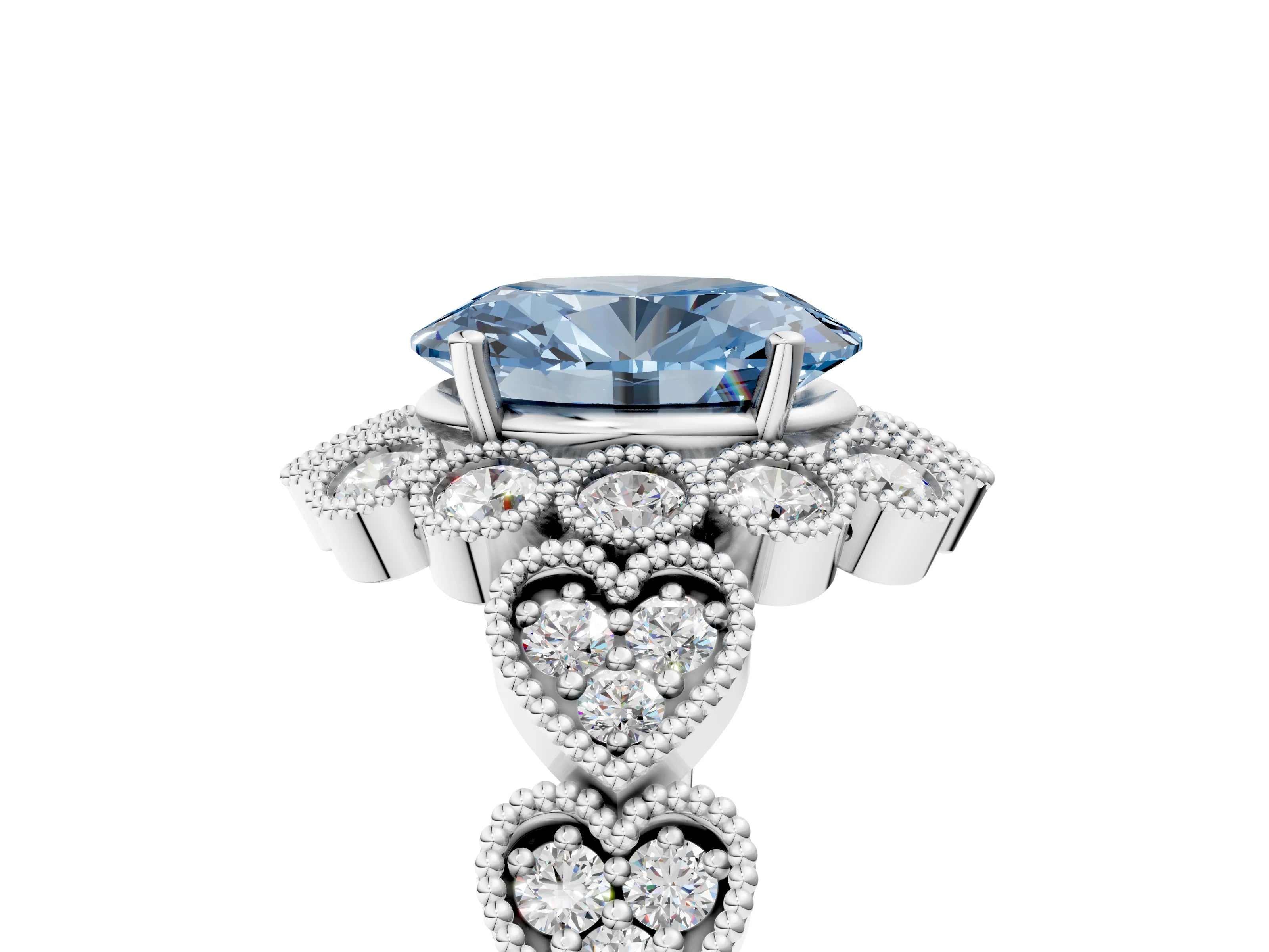 White gold Fancy Blue Oval Cut Brilliant Milgrain Pave Heart Band Solitaire Ring_17