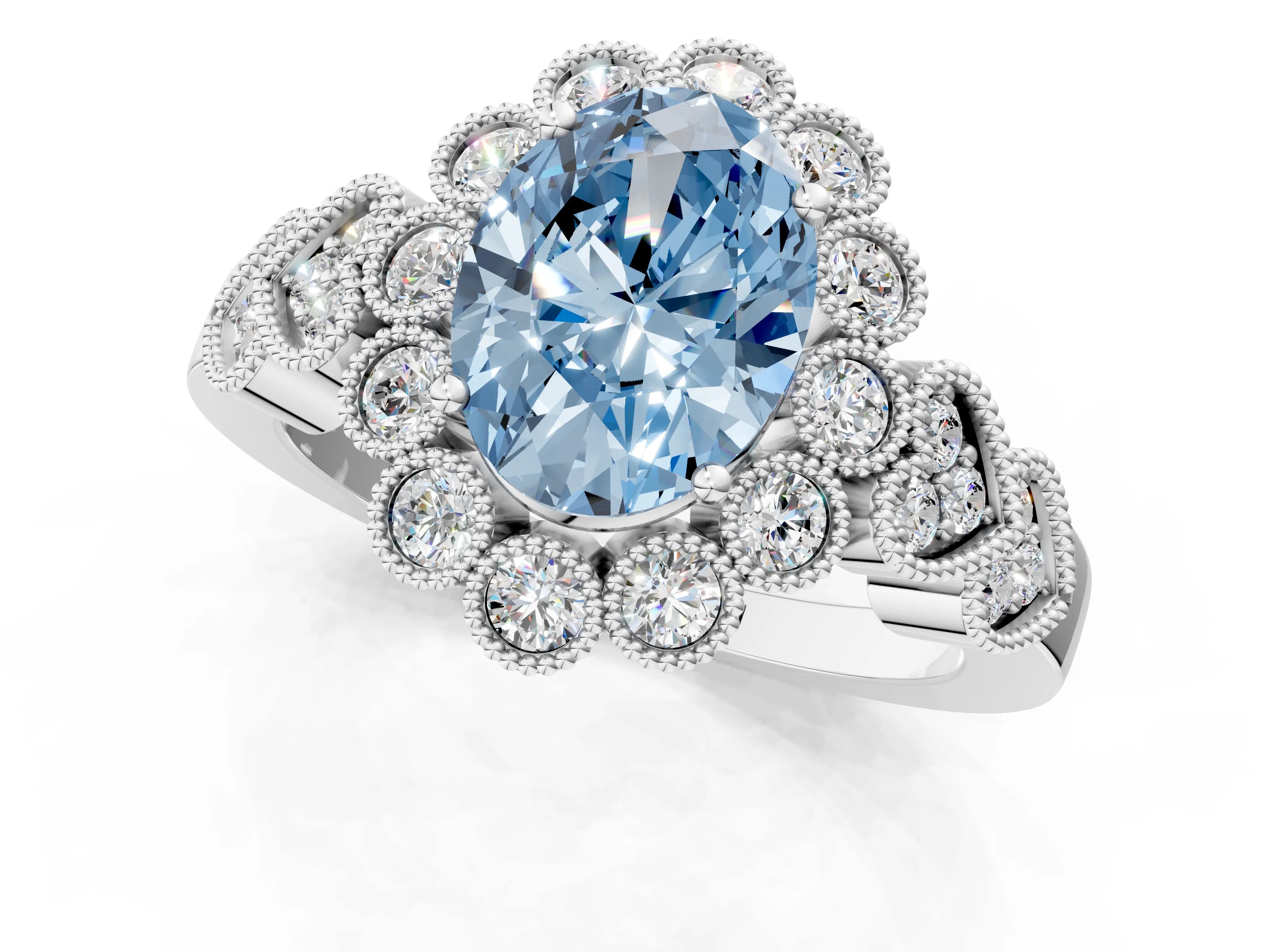 White gold Fancy Blue Oval Cut Brilliant Milgrain Pave Heart Band Solitaire Ring_1