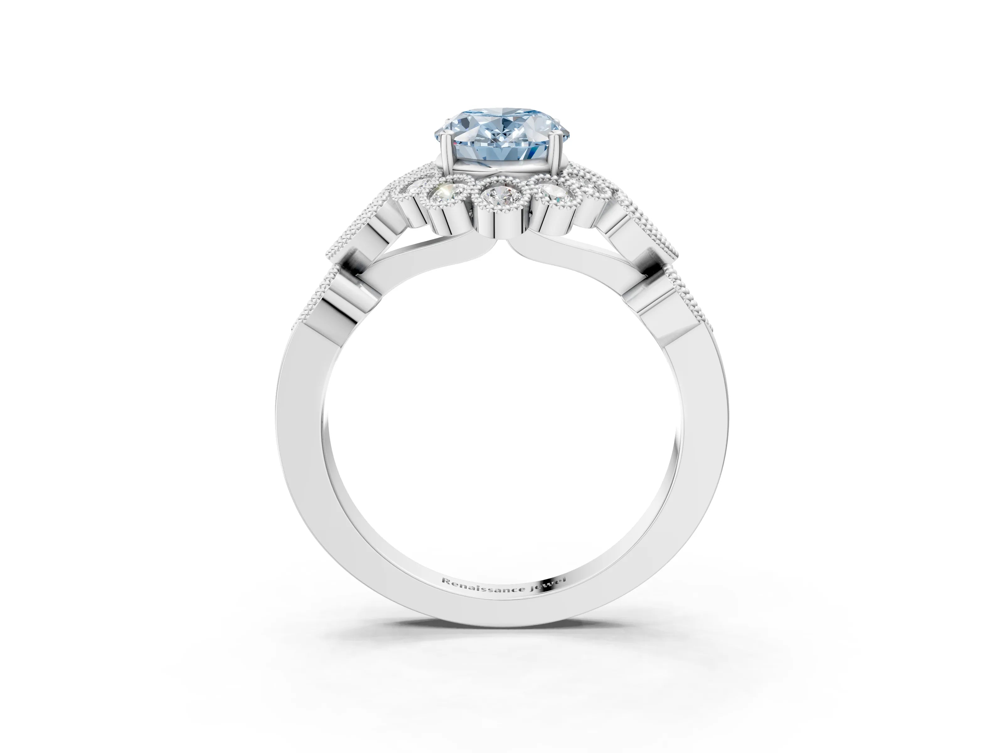 White gold Fancy Blue Oval Cut Brilliant Milgrain Pave Heart Band Solitaire Ring_3