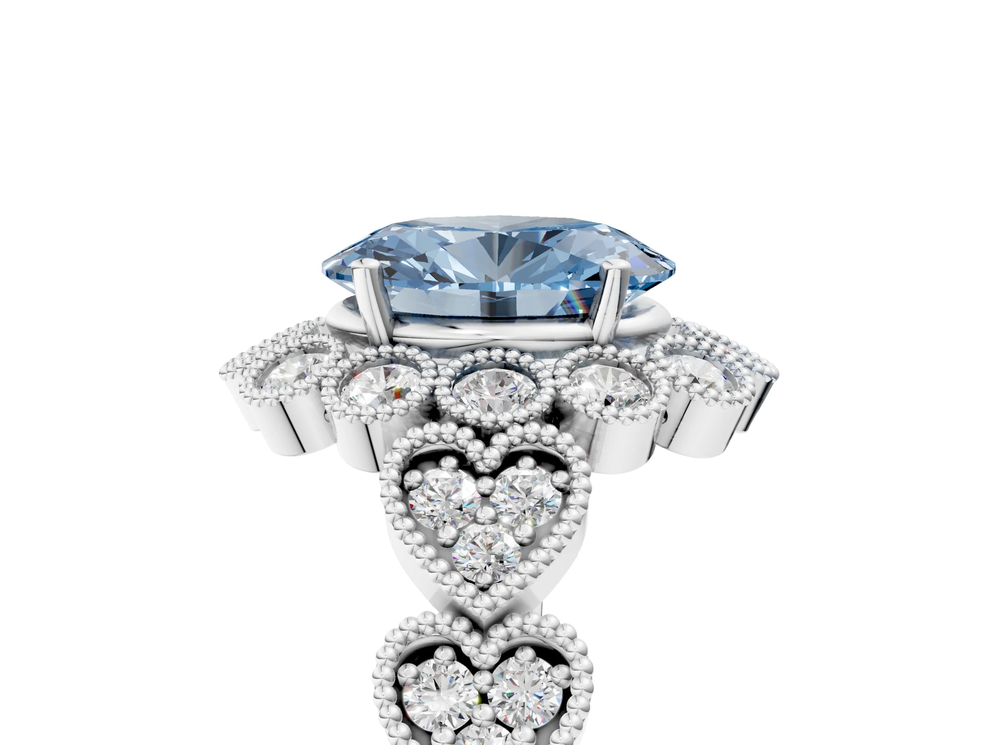 White gold Fancy Blue Oval Cut Brilliant Milgrain Pave Heart Band Solitaire Ring_5