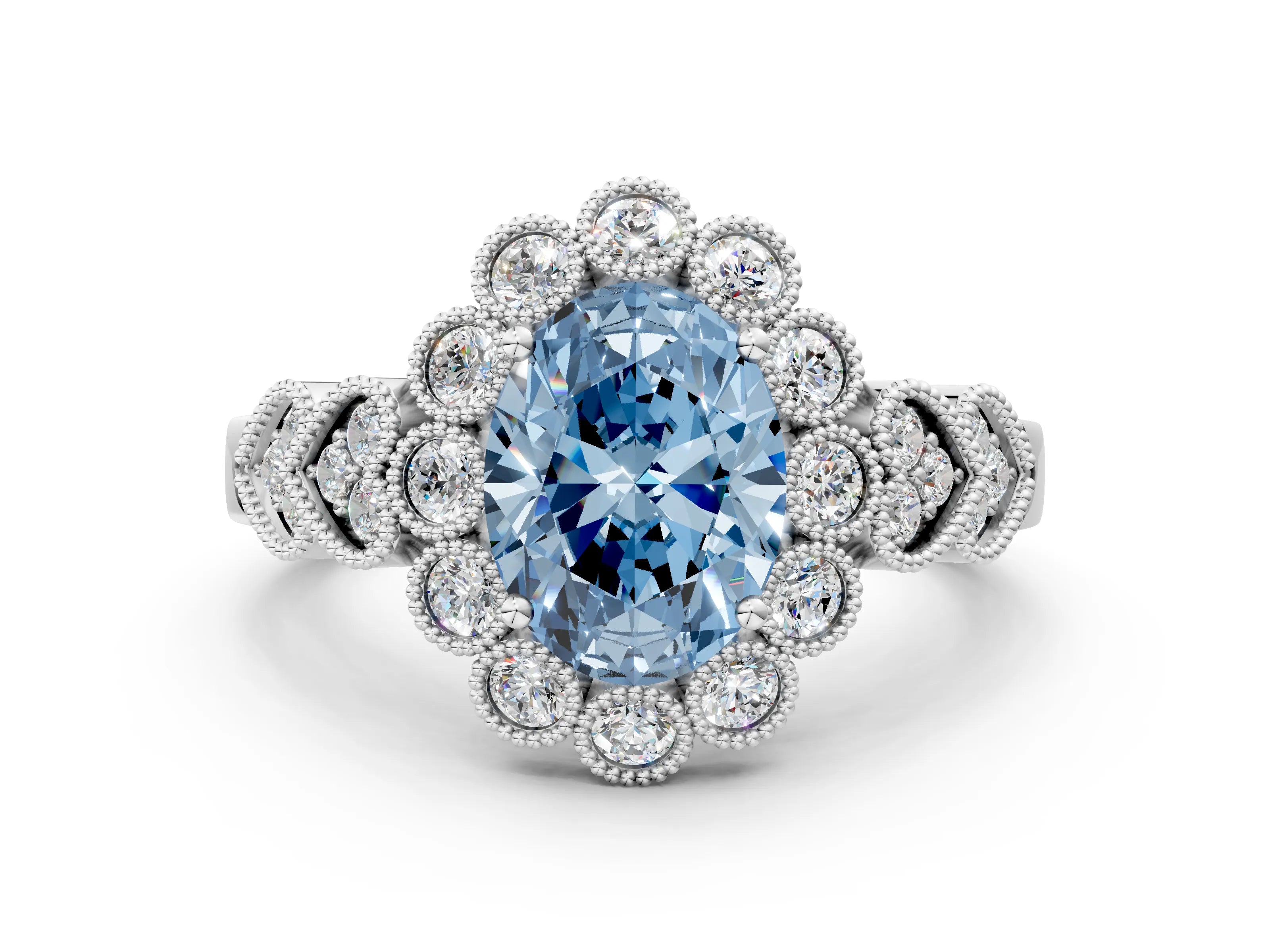 White gold Fancy Blue Oval Cut Brilliant Milgrain Pave Heart Band Solitaire Ring