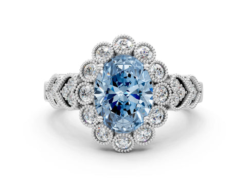 White gold Fancy Blue Oval Cut Brilliant Milgrain Pave Heart Band Solitaire Ring