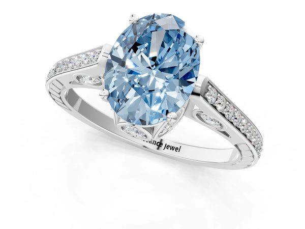 Platinum Fancy Blue Oval  Cut Cathedral Pave Diamond Engagement Ring with Six-Prong Setting