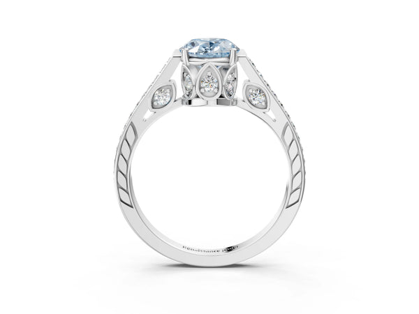 Platinum Fancy Blue Oval  Cut Cathedral Pave Diamond Engagement Ring with Six-Prong Setting
