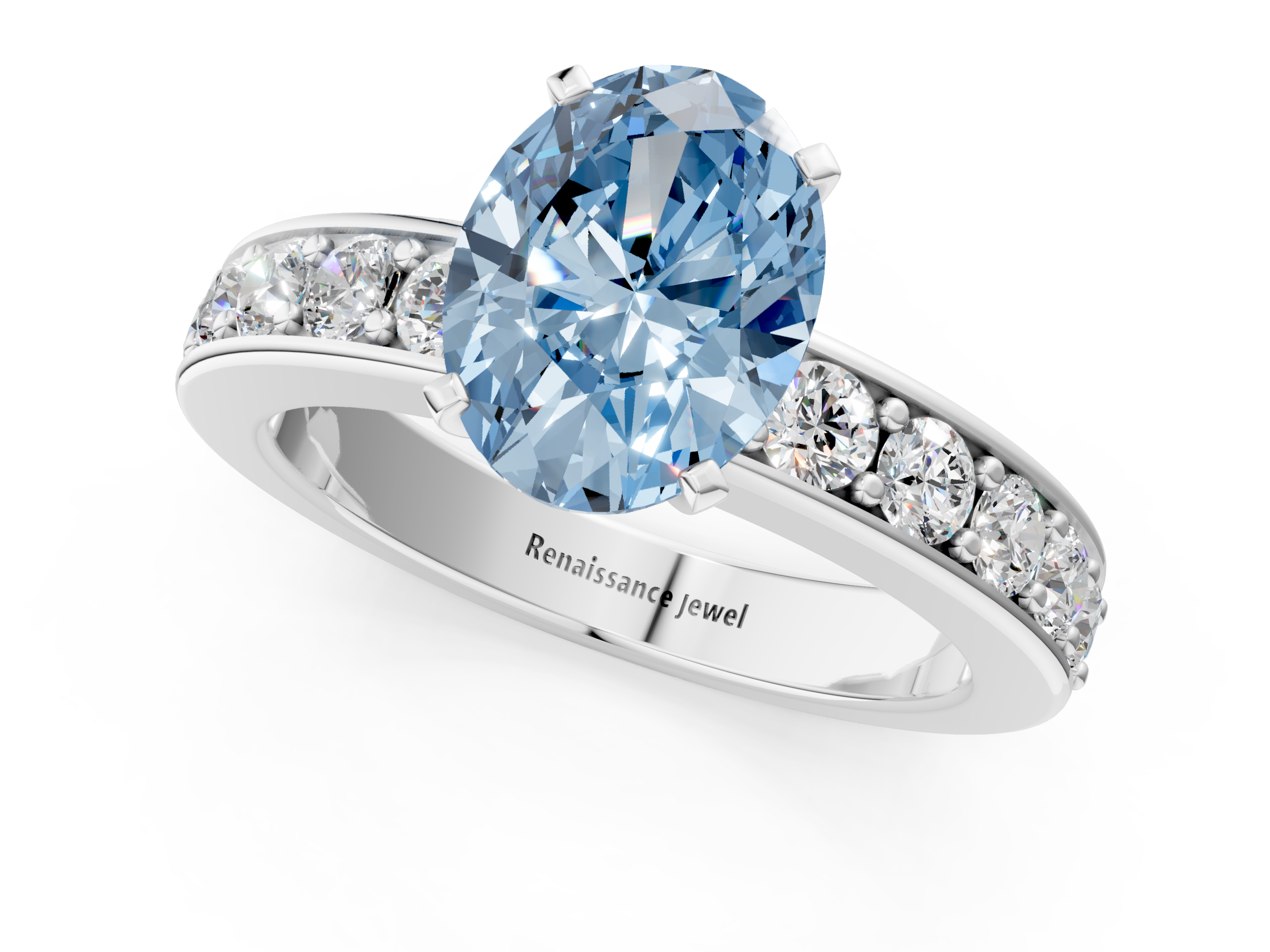 White gold Fancy Blue Oval  Cut Channel Set Diamond Engagement Ring with Four-Prong Setting_241