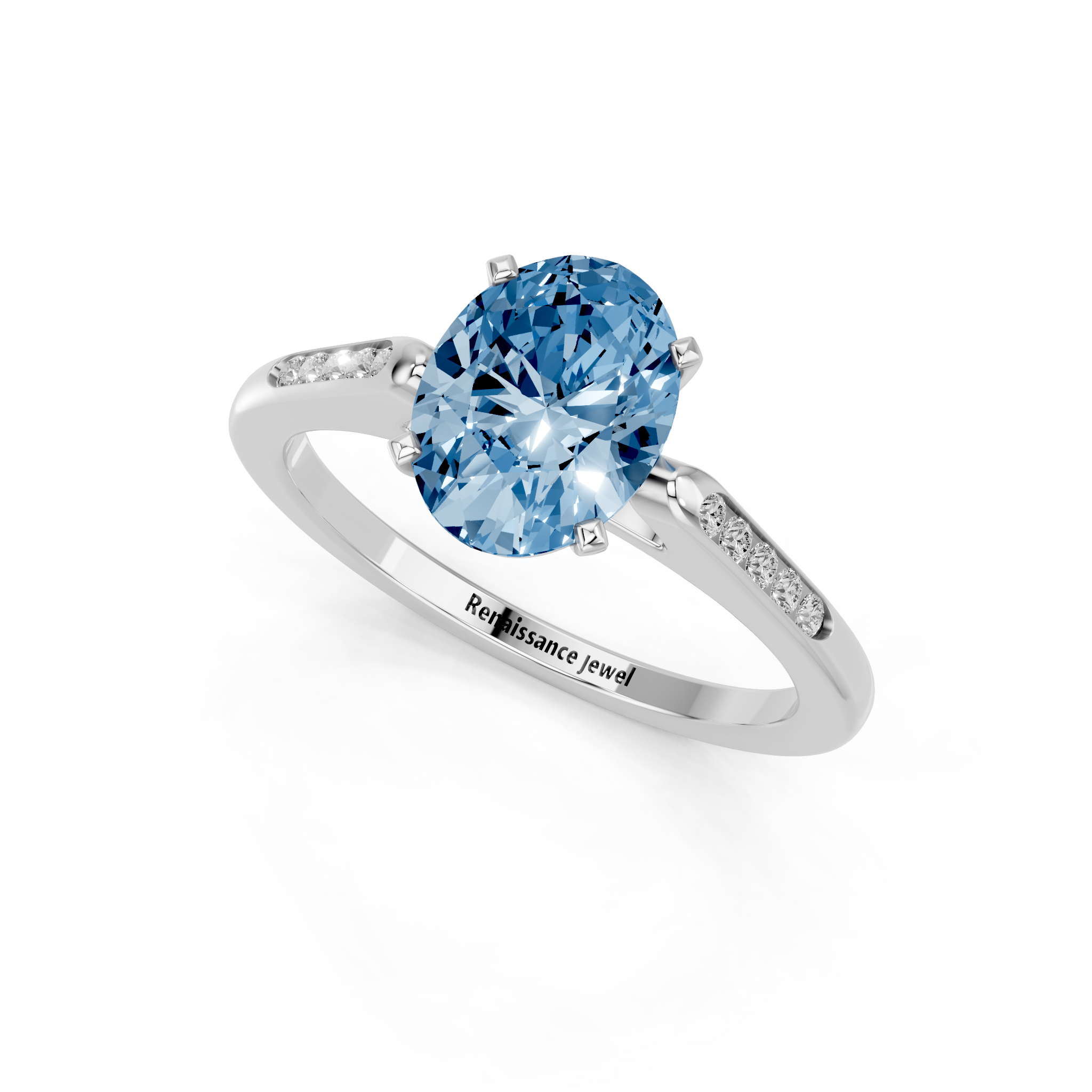 White gold Fancy Blue Oval  Cut Channel Set Solitaire Engagement Ring with Four-Prong Setting_77