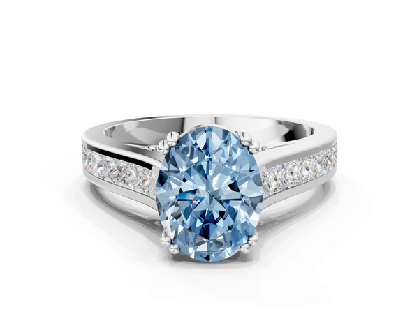 White gold Fancy Blue Oval  Cut Channel Set Solitaire Engagement Ring with Prong Setting