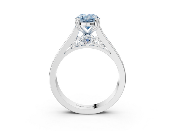 White gold Fancy Blue Oval  Cut Channel Set Solitaire Engagement Ring with Prong Setting