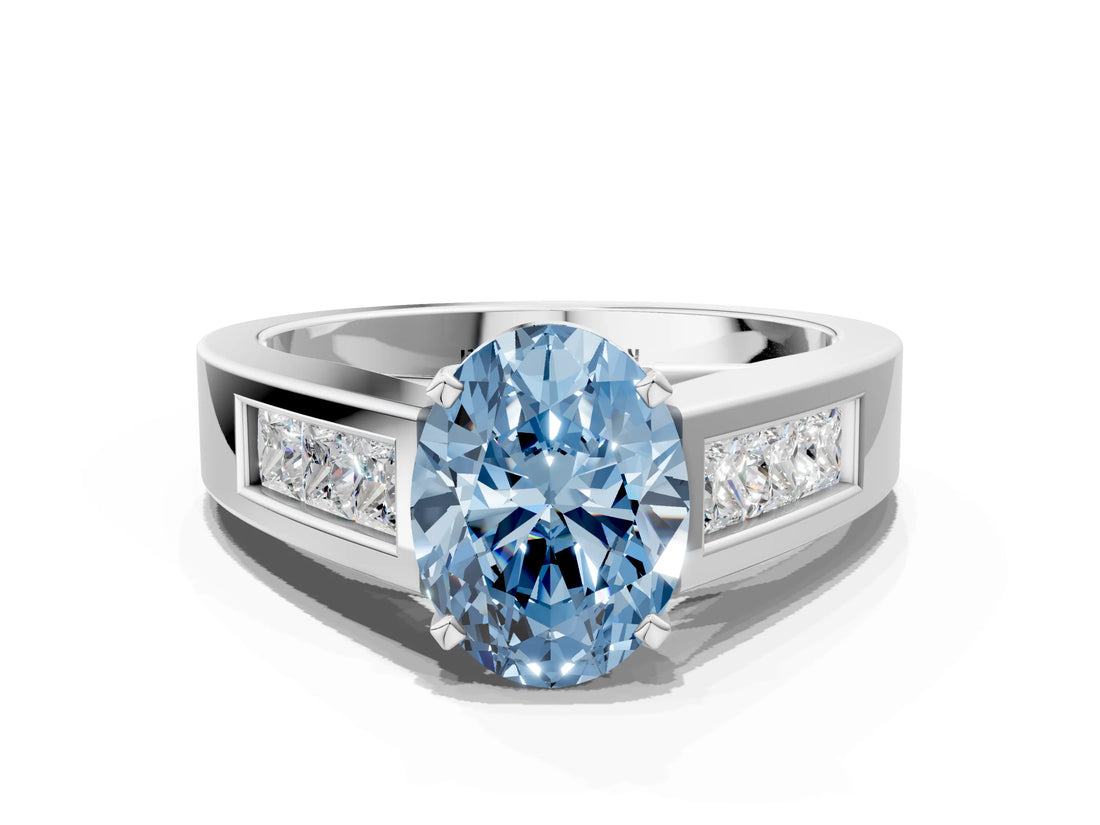 White gold Fancy Blue Oval Cut Cut Channel Set Solitaire Ring with Four-Prong Setting_12
